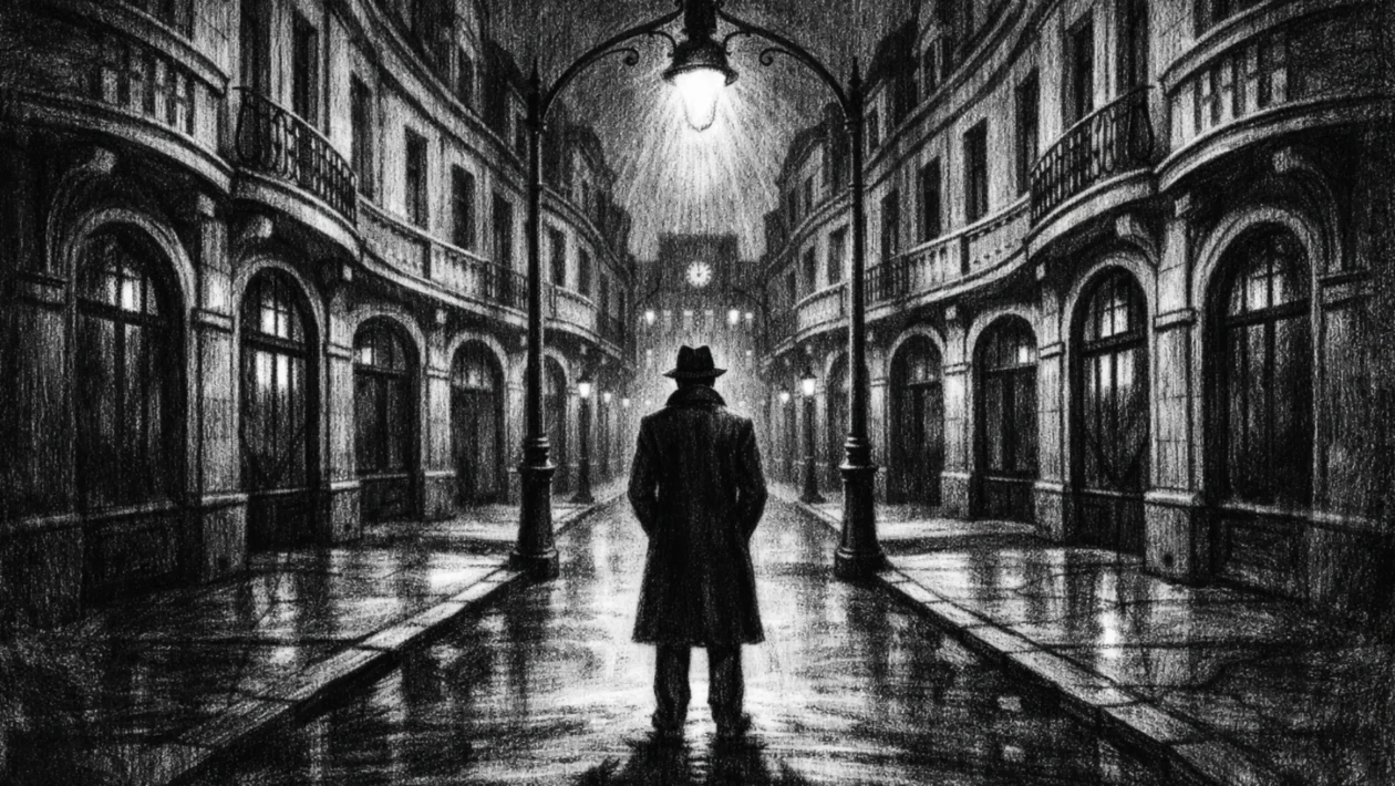 Usamljena figura na gradskoj ulici u charcoal film noir stilu, crno-bijela atmosfera s dubokim sjenama, naglašena opsesivna simetrija i melankolično raspoloženje.