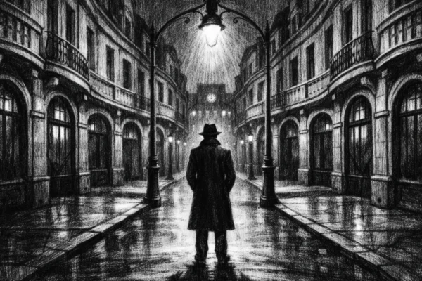 Usamljena figura na gradskoj ulici u charcoal film noir stilu, crno-bijela atmosfera s dubokim sjenama, naglašena opsesivna simetrija i melankolično raspoloženje.