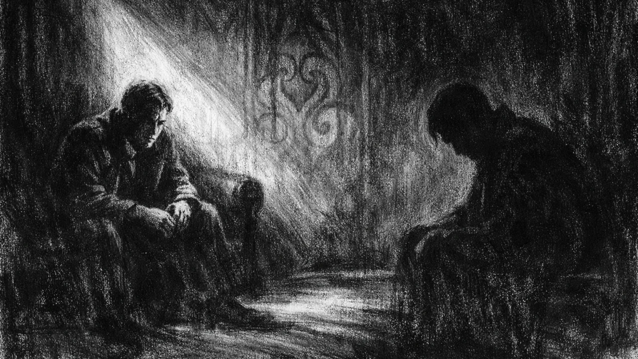 Intimna scena u charcoal film noir stilu, dvije osobe u polumraku, snažan kontrast svjetla i sjene koji prenosi emocionalnu napetost i nesigurnost.