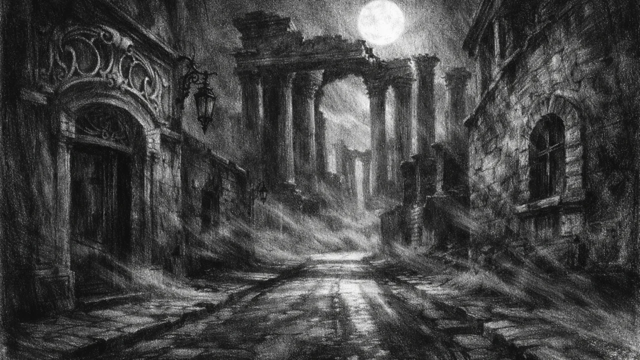 Atmosferski okoliš u charcoal film noir stilu, noćna ulica i drevna arhitektura obasjana mjesečinom, snažne sjene i melankolična simbolika.