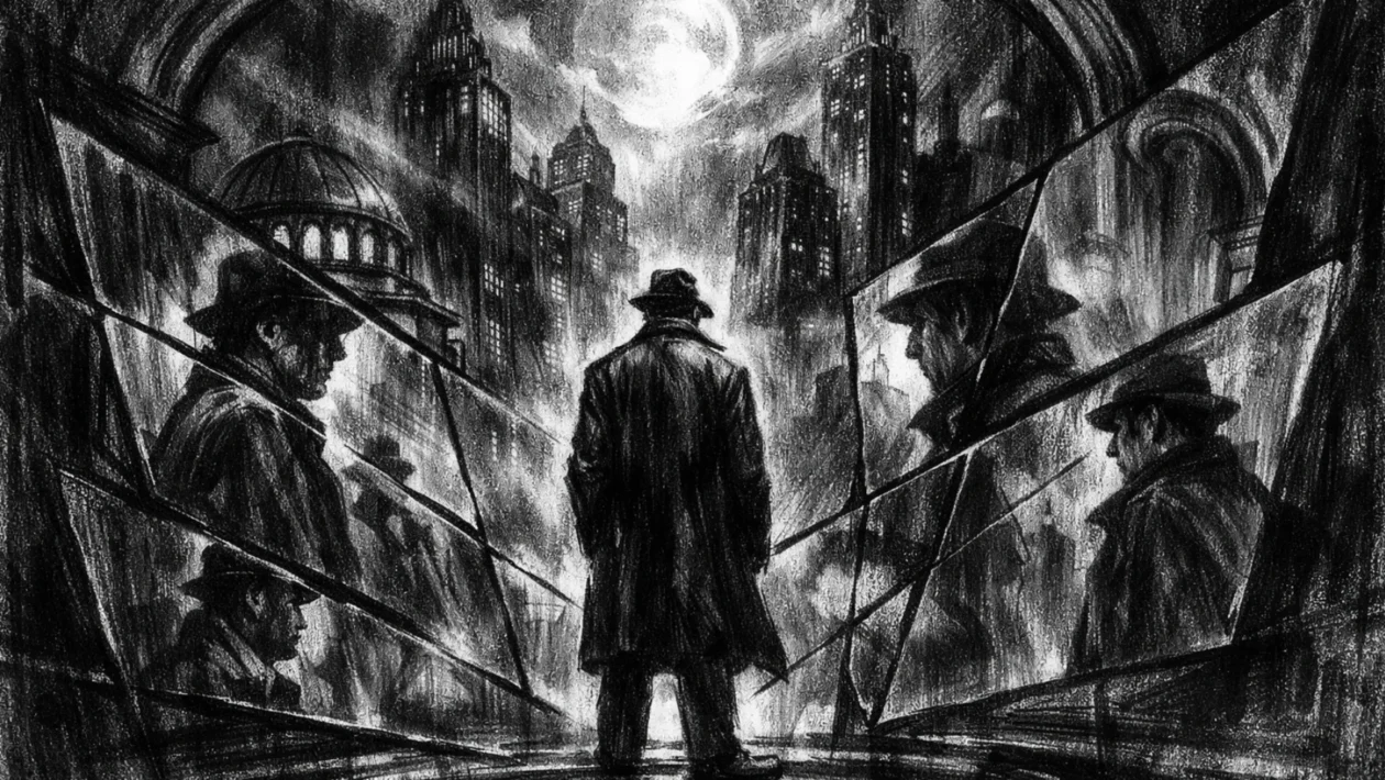 Hero scena u charcoal film noir stilu, crno-bijeli kontrast s dubokim sjenama, usamljena figura i refleksije koje naglašavaju unutarnji nemir i mračnu atmosferu.