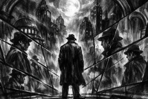 Hero scena u charcoal film noir stilu, crno-bijeli kontrast s dubokim sjenama, usamljena figura i refleksije koje naglašavaju unutarnji nemir i mračnu atmosferu.