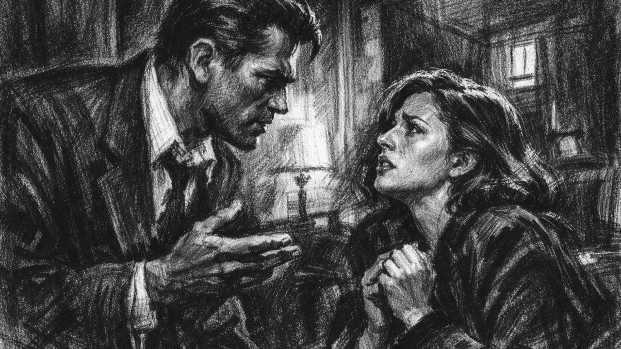 Dramska scena u charcoal film noir stilu