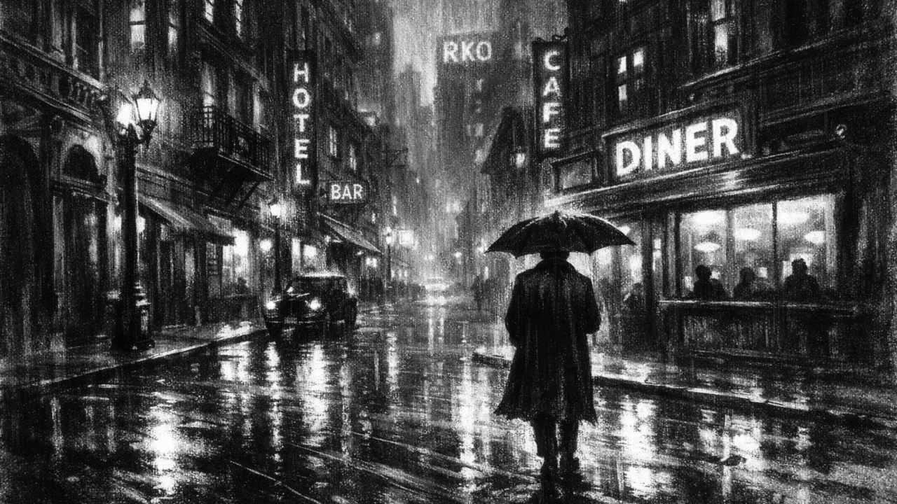 Atmosferska urbana ilustracija u charcoal film noir stilu