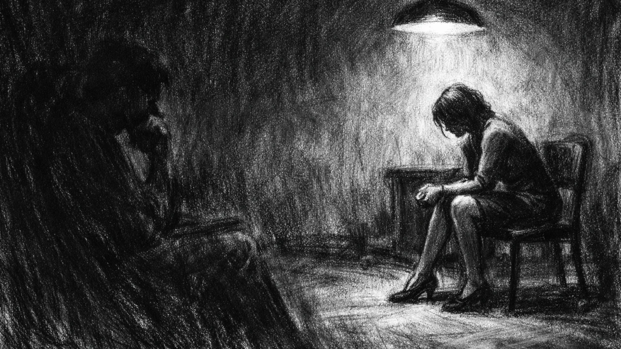 Dvoje ljudi u napetom razgovoru u mračnoj prostoriji, prikazano u charcoal film noir stilu s naglašenom psihološkom atmosferom.