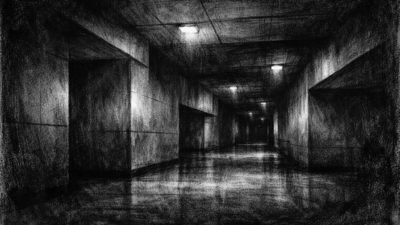 Prazan hodnik korporativne zgrade s dubokim sjenama i geometrijom prostora, izrađen u charcoal film noir stilu.