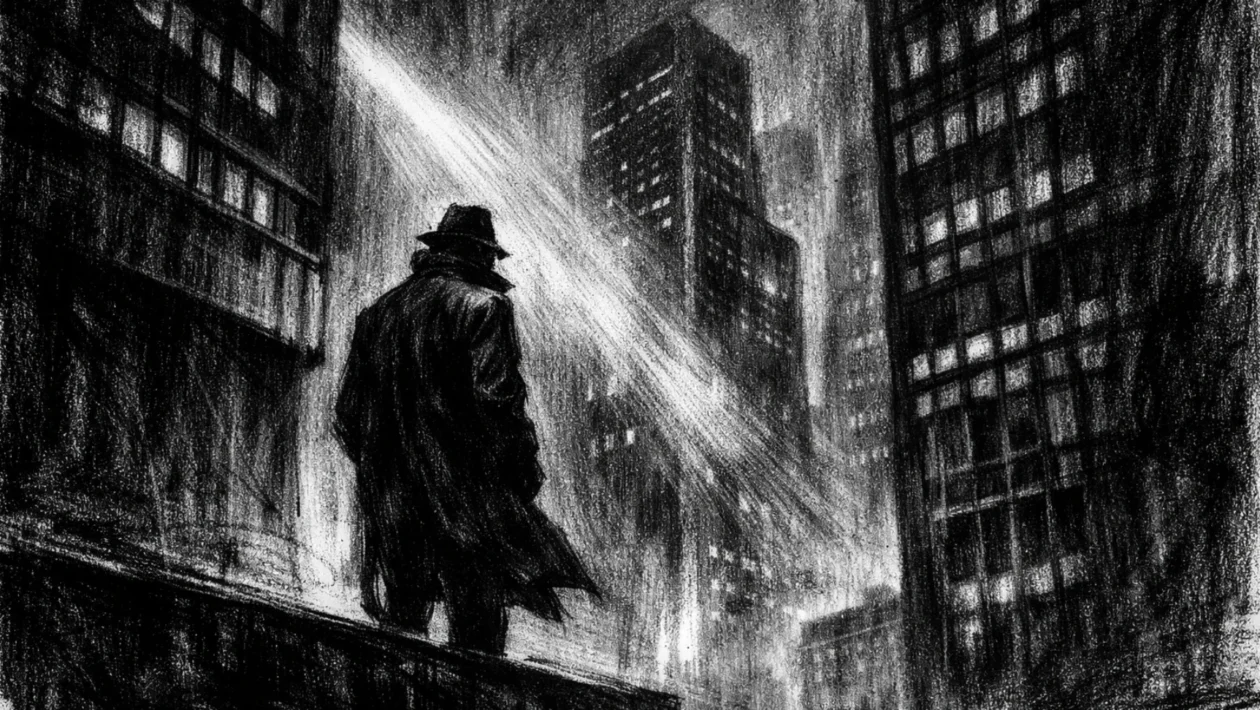 Usamljena figura pred mračnim gradskim pejzažom u charcoal film noir stilu, snažni kontrasti i duboke sjene stvaraju osjećaj izolacije.
