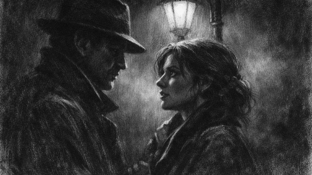 Dvoje ljudi u tihom razgovoru pod uličnom svjetiljkom, intimna napetost i sjene, charcoal film noir stil