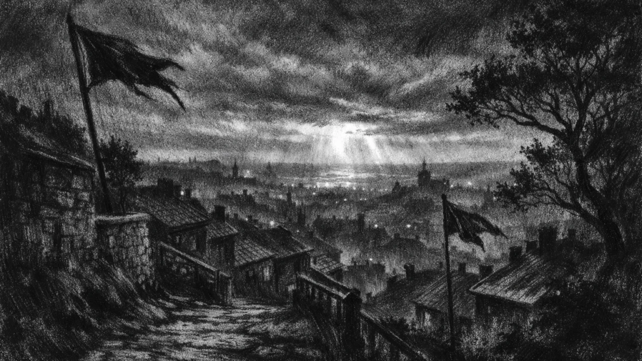 Pogled na grad u zoru s brda, slojevite sjene i tiha nada, charcoal film noir stil