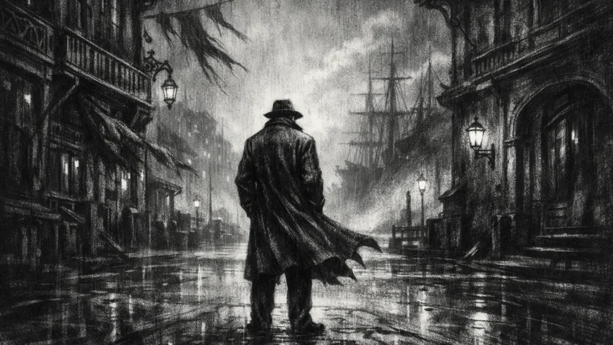 Usamljena figura na kišnoj ulici povijesnog grada, snažne sjene i melankolija, charcoal film noir stil