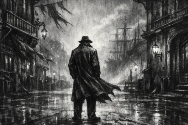 Usamljena figura na kišnoj ulici povijesnog grada, snažne sjene i melankolija, charcoal film noir stil