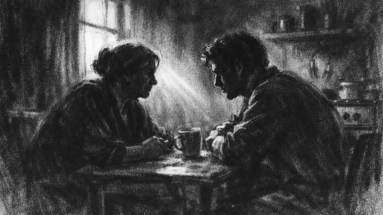 Intiman razgovor dvoje ljudi u stanu, prikazan u charcoal film noir stilu, s jakim kontrastom svjetla i sjene te emotivnim ugođajem.