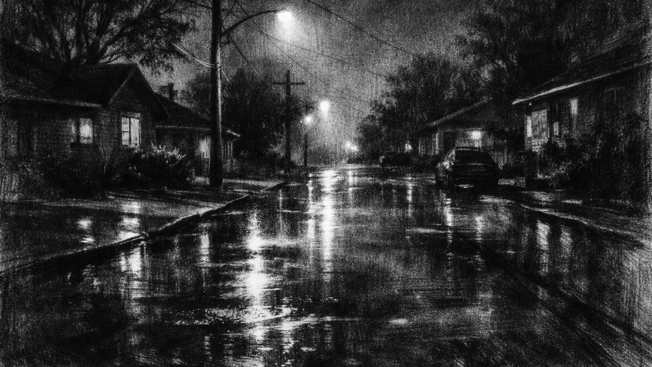 Noćna predgrađska ulica s refleksijama kiše, u charcoal film noir stilu, crno-bijela scena s dubokim sjenama i tihom, sanjivom atmosferom.