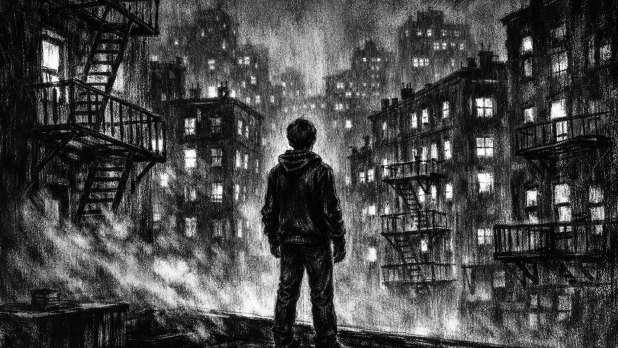 Cinematični prizor mlade osobe na krovu grada, izrađen u charcoal film noir stil, crno-bijeli s dubokim sjenama i melankoličnom atmosferom.