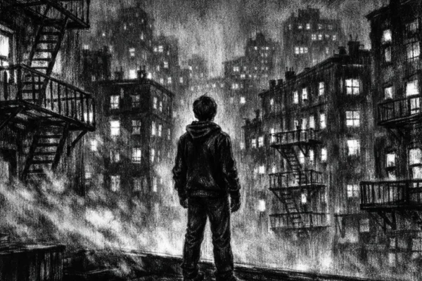 Cinematični prizor mlade osobe na krovu grada, izrađen u charcoal film noir stil, crno-bijeli s dubokim sjenama i melankoličnom atmosferom.
