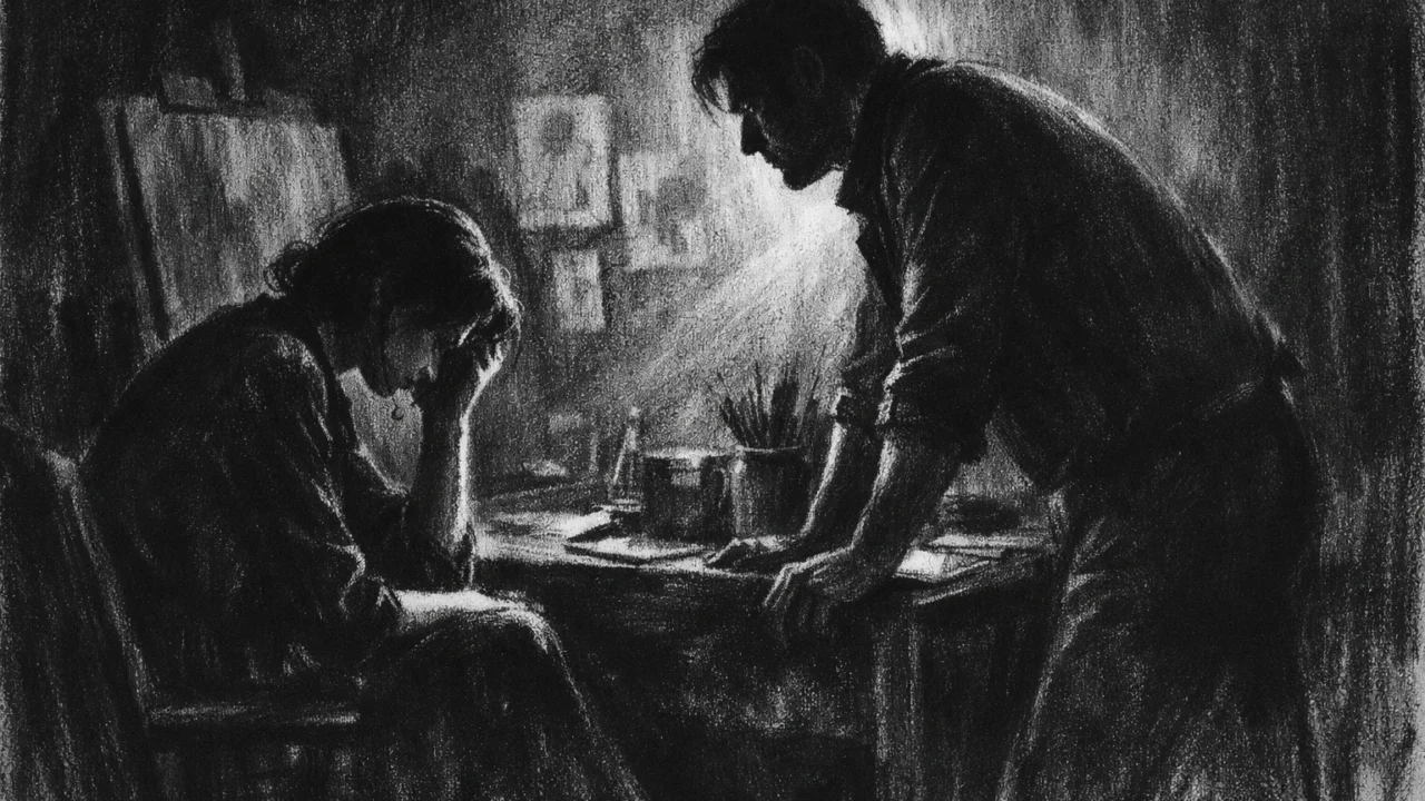 Emotivna scena u charcoal film noir stilu, dvije osobe u tihom razgovoru u mračnom radnom prostoru, crno-bijelo s jakim kontrastom i naglašenim sjenama.
