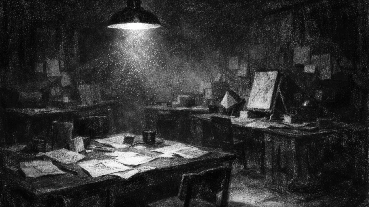 Atmosferski prikaz praznog studija u charcoal film noir stilu, crno-bijeli prostor s jednim svjetlom, duboke sjene i osjećaj kreativne samoće.
