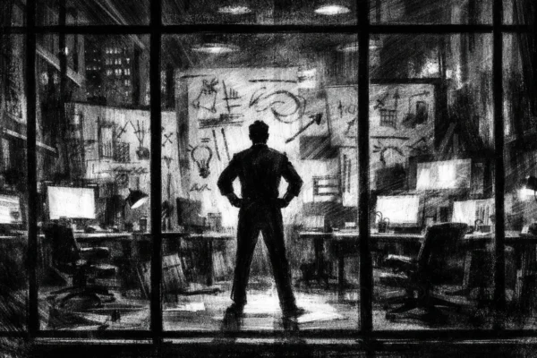 Filmski poster u charcoal film noir stilu, crno-bijela scena modernog ureda s jednom figurom u središtu, duboke sjene i dramatično svjetlo stvaraju mračnu, ambicioznu atmosferu.