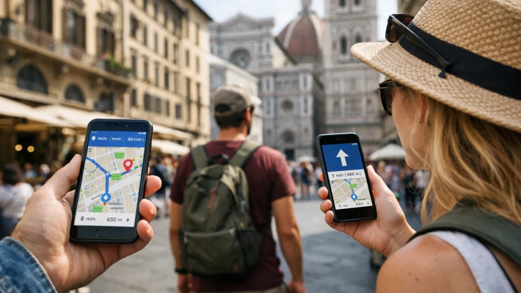 Turisti koriste offline navigaciju tijekom razgledavanja grada