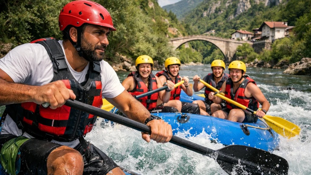 Lokalni rafting vodiči i turisti na rijeci u Bosni i Hercegovini