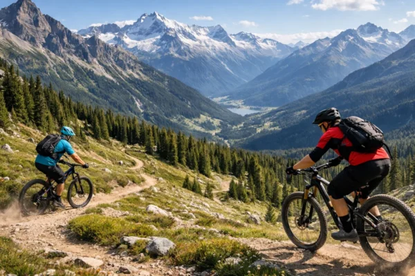 Brdski biciklisti na panoramskoj planinskoj stazi u popularnoj MTB destinaciji