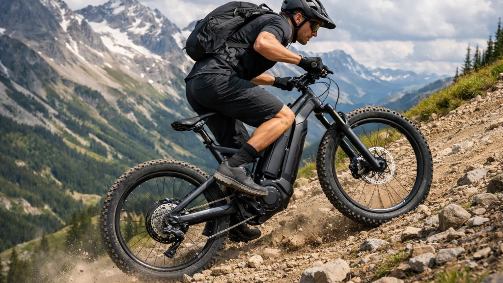 E-MTB bicikl na usponu u planinskoj MTB destinaciji