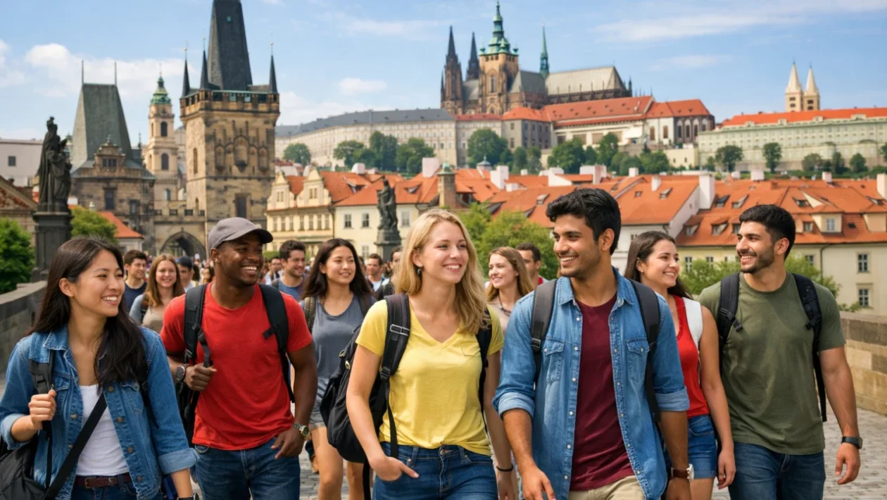 Grupno putovanje studenata u europskom gradu, mladi turisti istražuju popularnu destinaciju