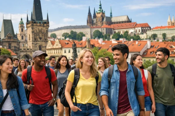 Grupno putovanje studenata u europskom gradu, mladi turisti istražuju popularnu destinaciju