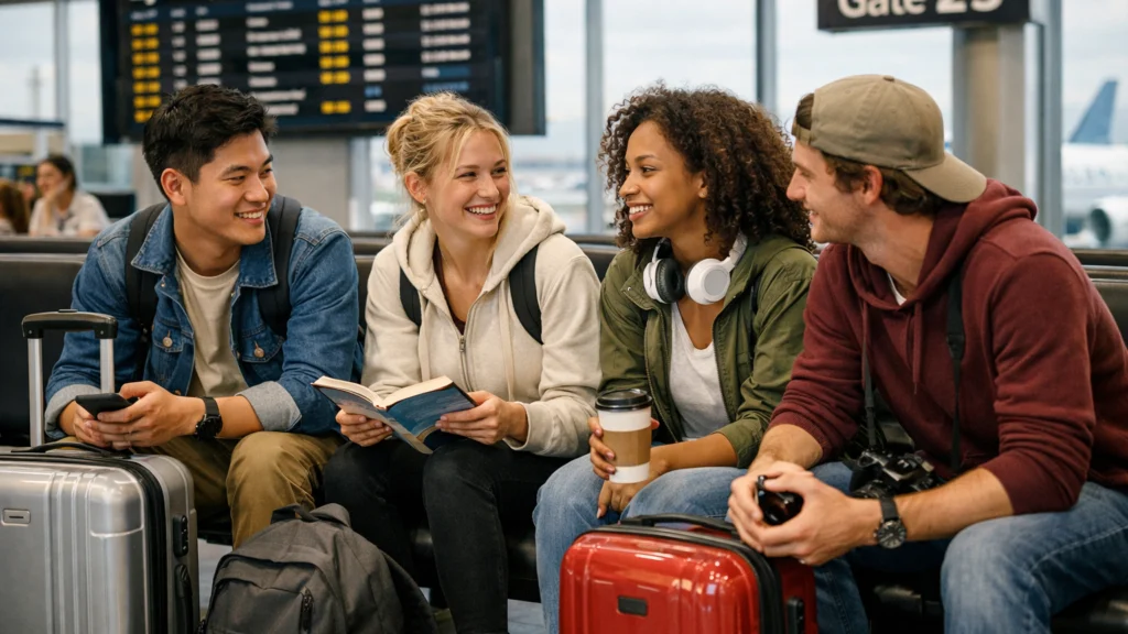 Studentska grupa na aerodromu prije zajedničkog putovanja