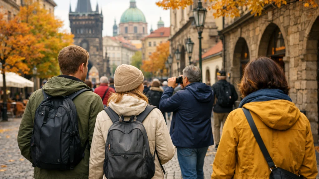 Turisti u europskom gradu tijekom jesenskog city breaka