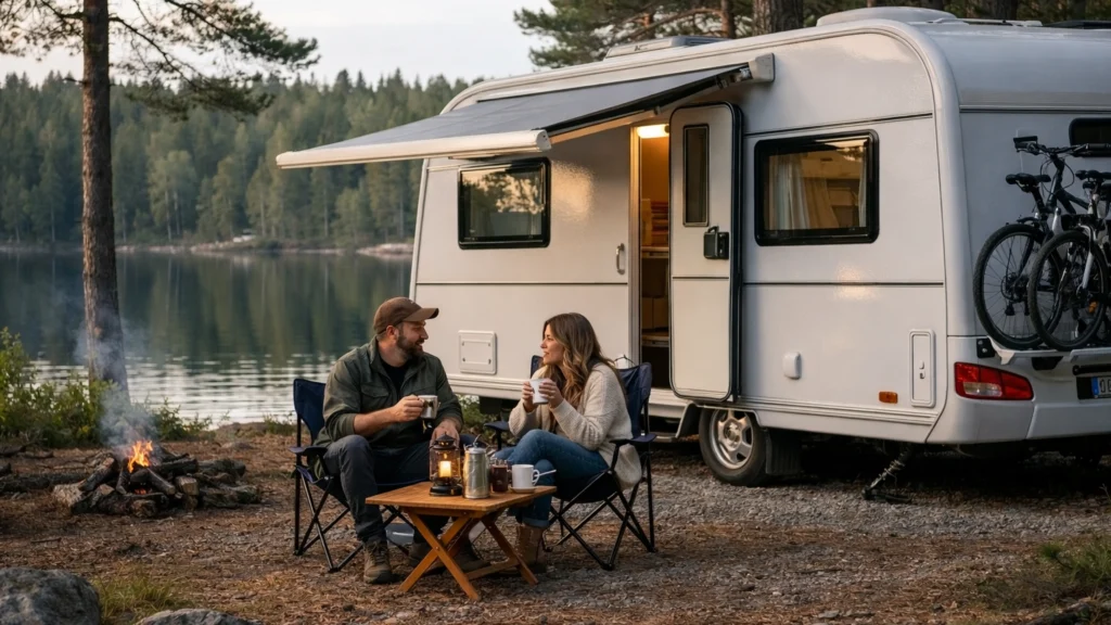 Slow travel koncept s kamp prikolicom u prirodi