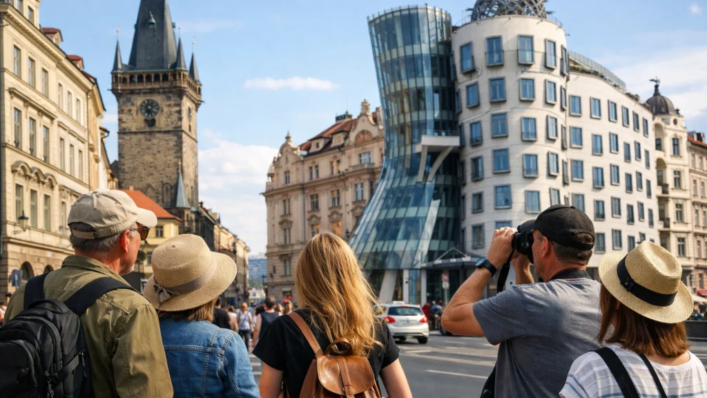 Turisti istražuju arhitekturu povijesnih i modernih zgrada u europskom gradu