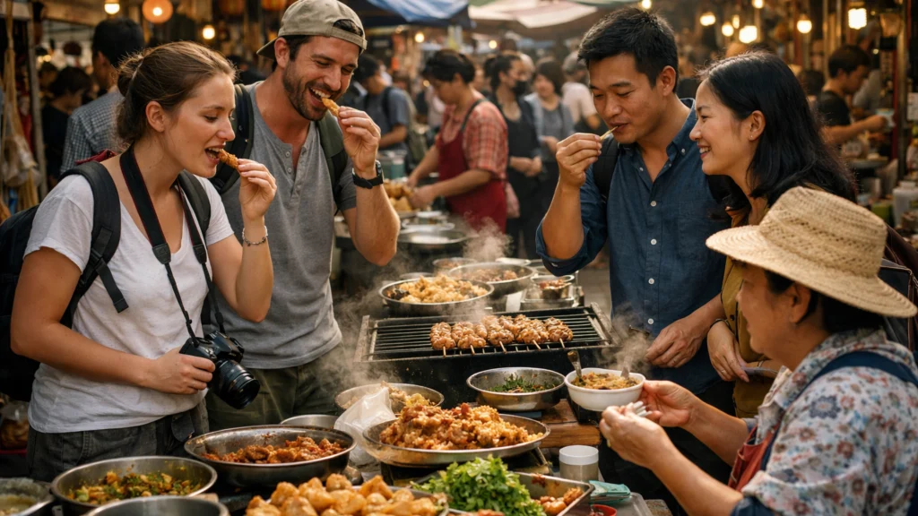 Gastronomski turizam i putnici koji istražuju lokalnu uličnu hranu