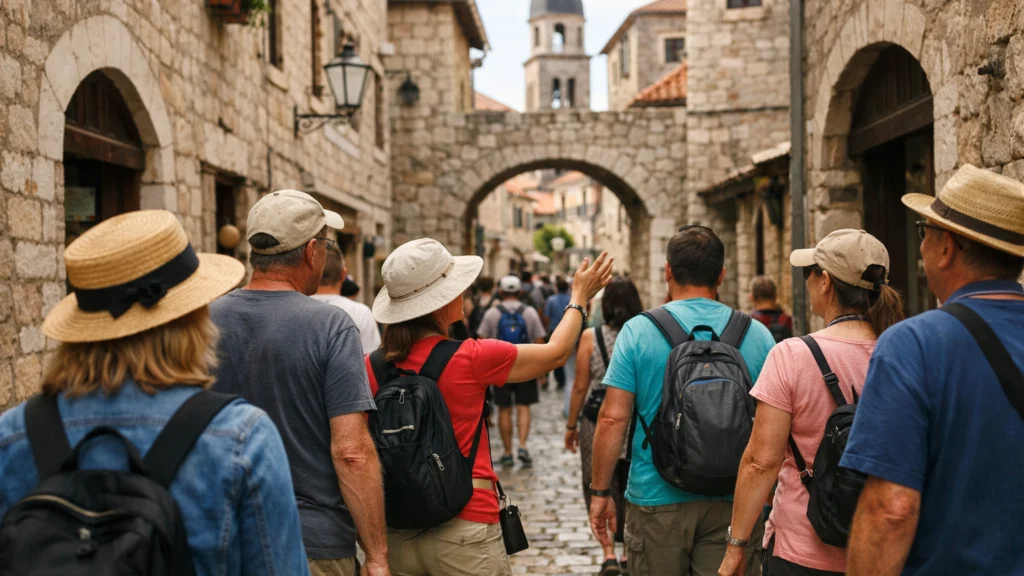 Turisti na povijesnoj turi kroz stari grad