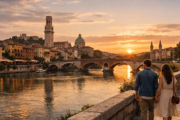Romantični weekend izlet u europskom gradu uz rijeku u zalazak sunca