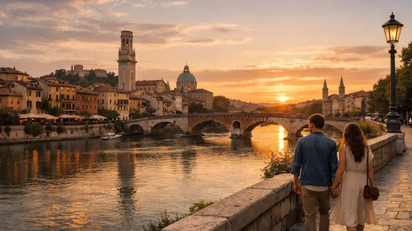 Romantični weekend izlet u europskom gradu uz rijeku u zalazak sunca