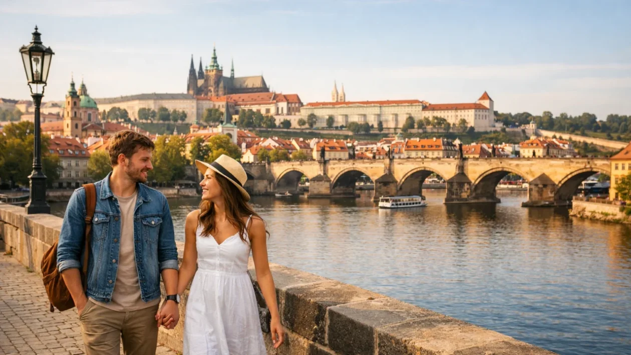 Mladi par u romantičnom europskom gradu na putovanju