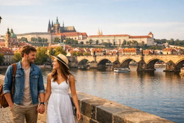 Mladi par u romantičnom europskom gradu na putovanju