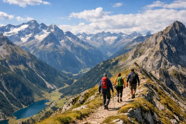 Planinarenje u europskim Alpama s panoramskim pogledom na planine