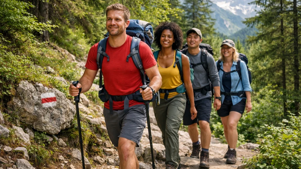 Planinari na uređenoj planinarskoj stazi u europskoj prirodi