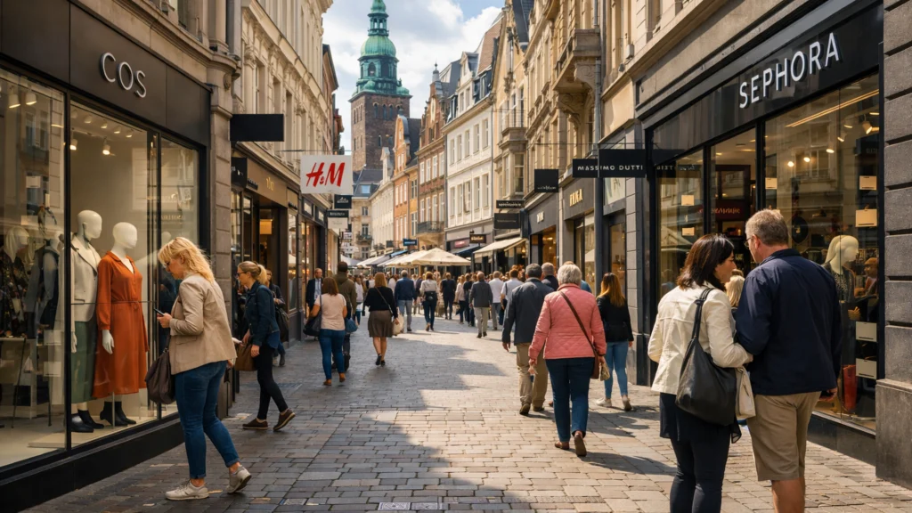 Europska metropola s popularnom trgovačkom četvrti i kupcima na ulici