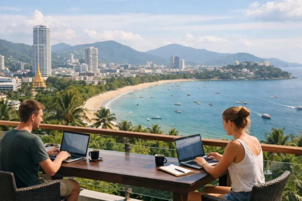 Digitalni nomadi rade s laptopima uz panoramski pogled na azijski grad i obalu