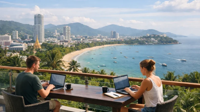 Digitalni nomadi rade s laptopima uz panoramski pogled na azijski grad i obalu