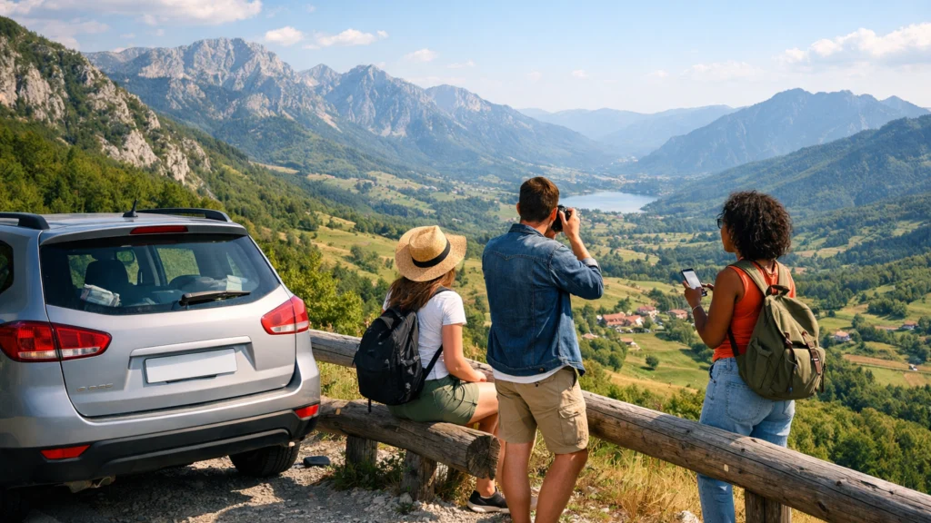 Putnici na road tripu Balkanom na vidikovcu uz cestu