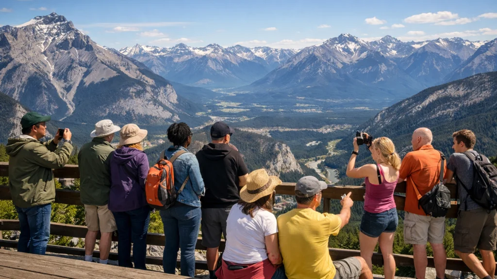 Turisti na vidikovcu u planinskoj destinaciji