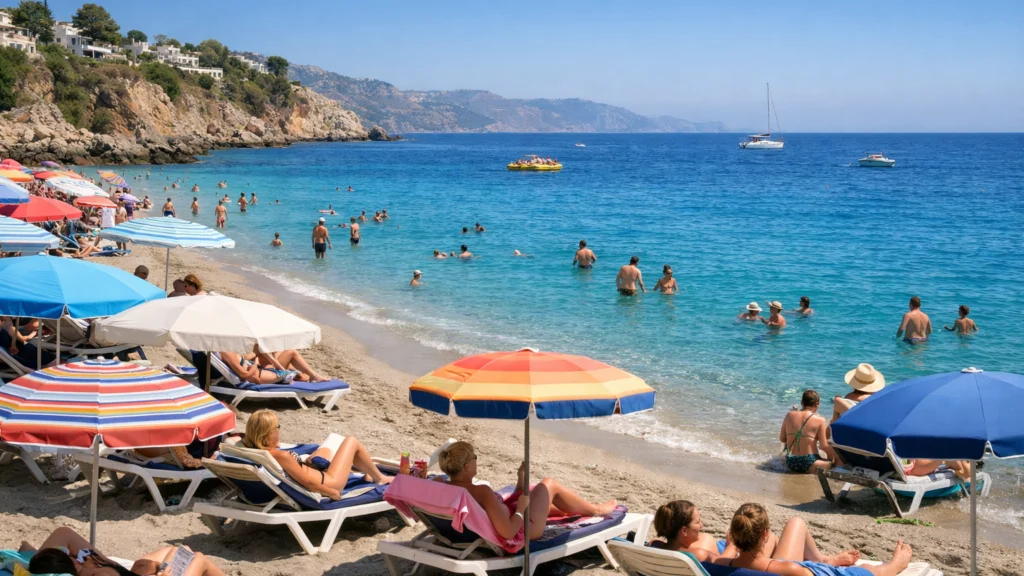 Europska plaža s turistima tijekom ljetne sezone