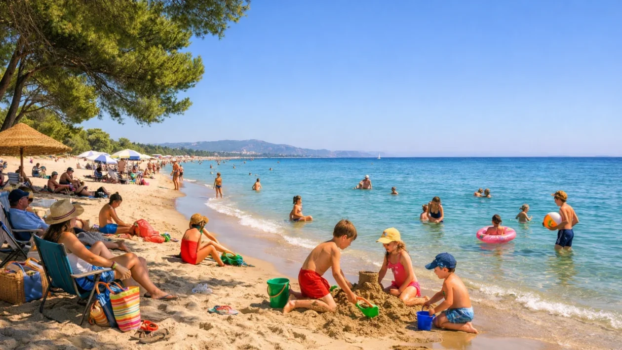 Obiteljska plaža s djecom na Mediteranu, pješčana obala i plitko more idealno za obiteljski odmor