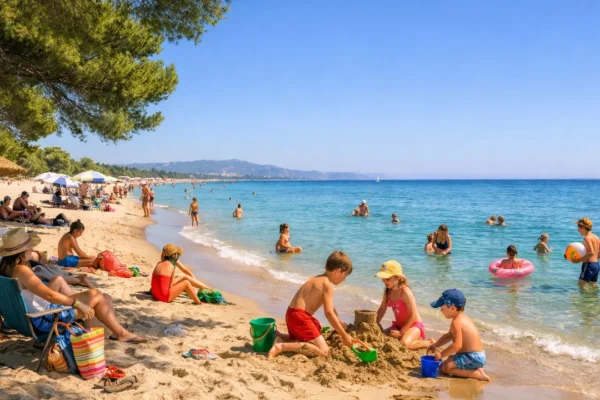 Obiteljska plaža s djecom na Mediteranu, pješčana obala i plitko more idealno za obiteljski odmor