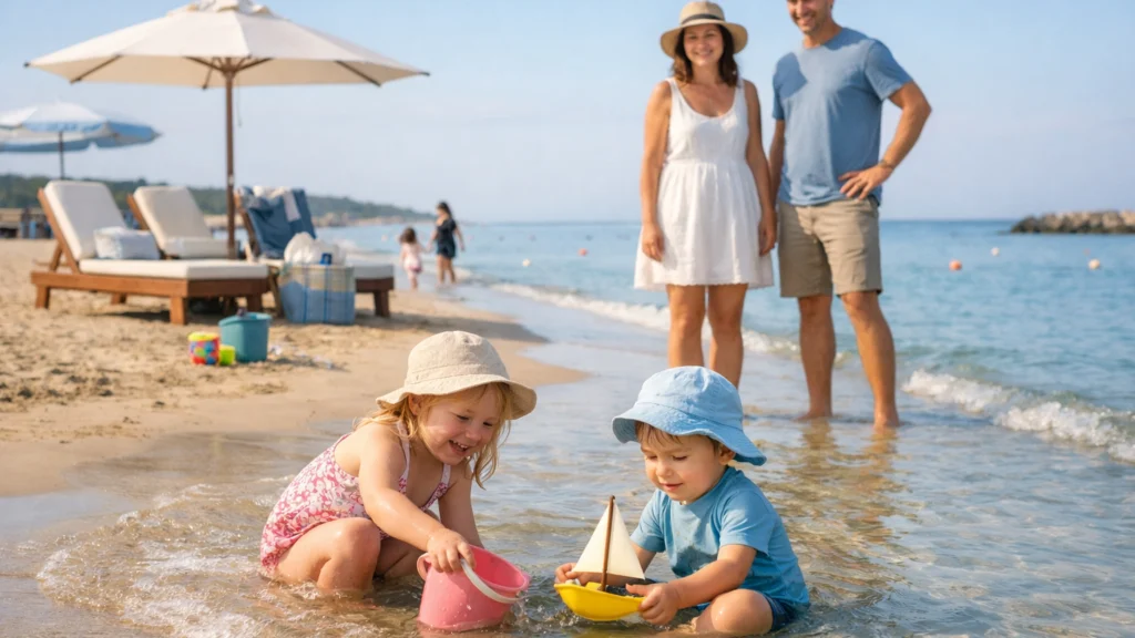 Obitelji s djecom uživaju na sigurnoj i mirnoj plaži prilagođenoj obiteljskom turizmu