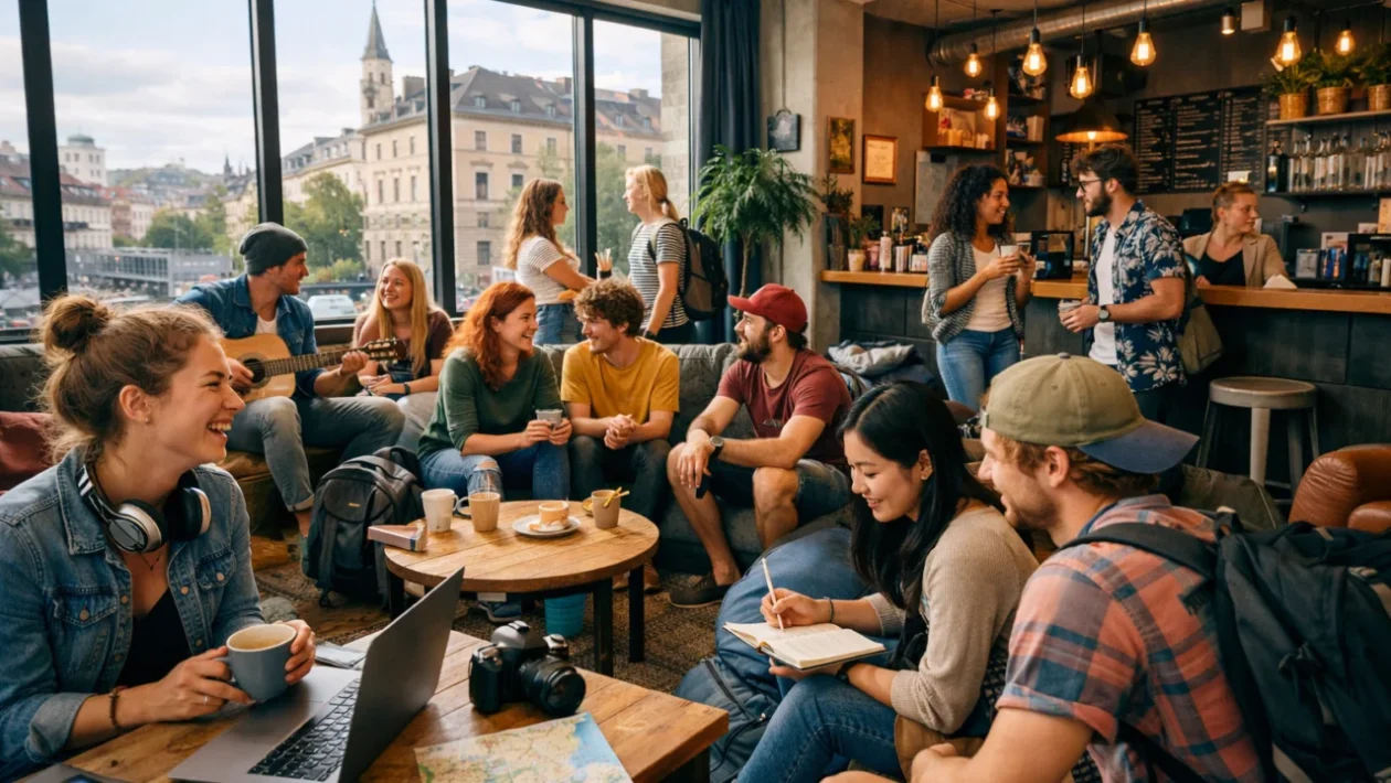 Moderni hostel u Europi s mladim putnicima u zajedničkom prostoru